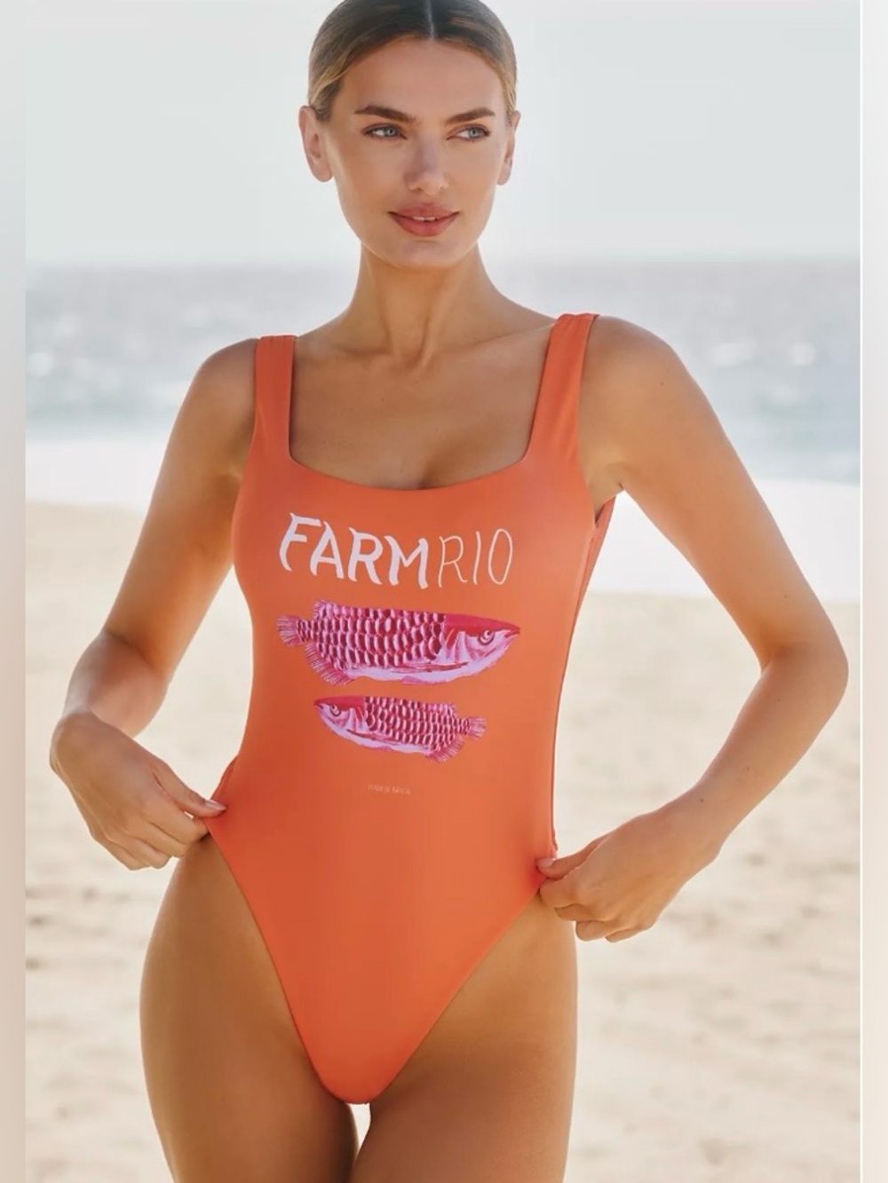 Farm Rio x Anthropologie High-Leg One-Piece Swimsuit orange fish size large
